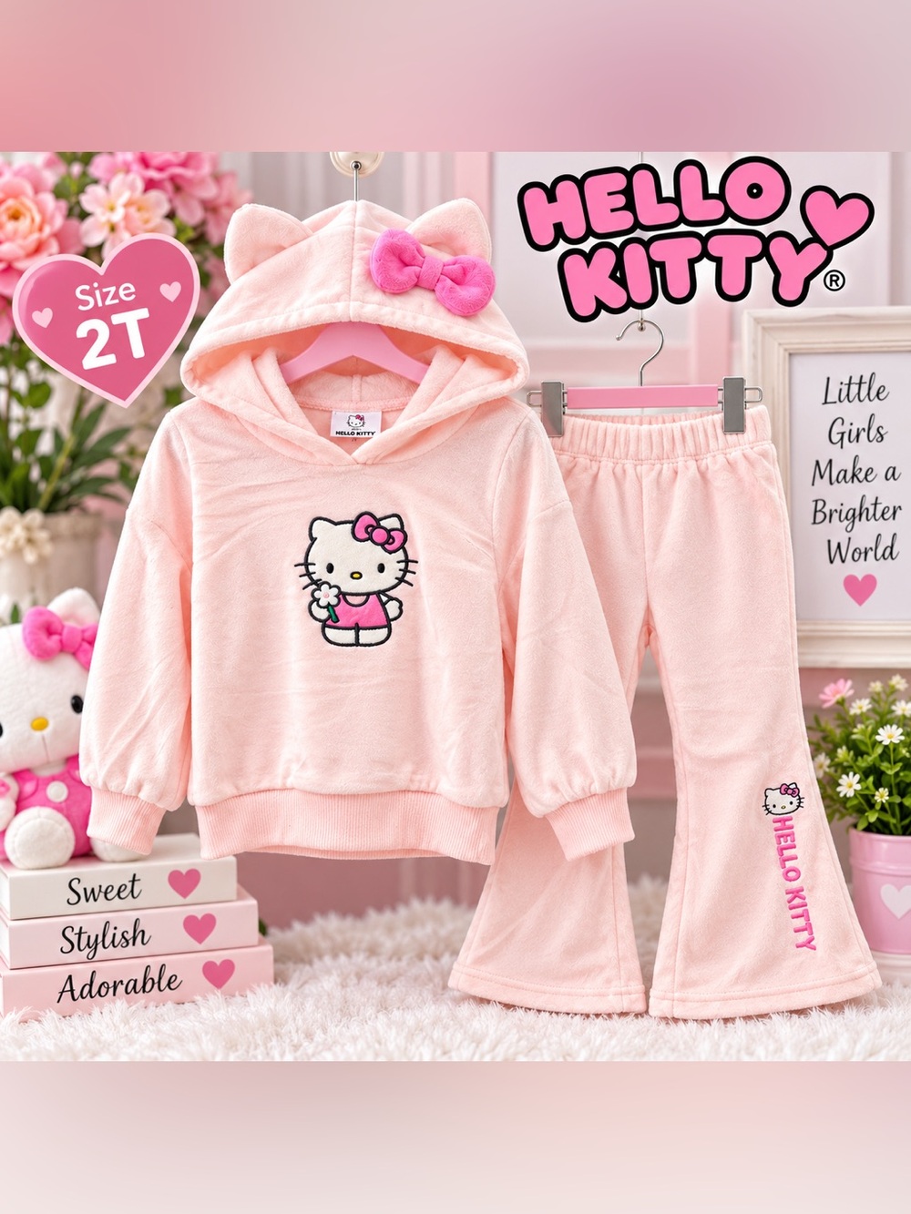 Hello Kitty Pink Plush Velour Hooded Flare Pant Set wBow & Embroidered Kitty NWT
